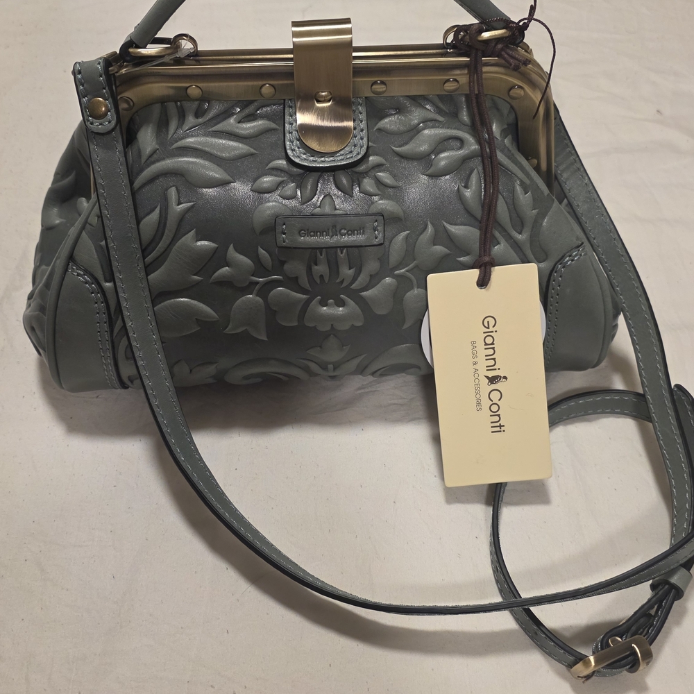 Gianni Conti Floral-Embossed Crossbody Bag in Green / Grey
